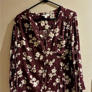 Market & Spruce Floral Burgundy Blouse Large